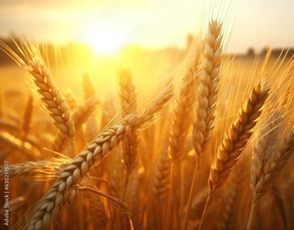 Ripe wheat in a field at sunset