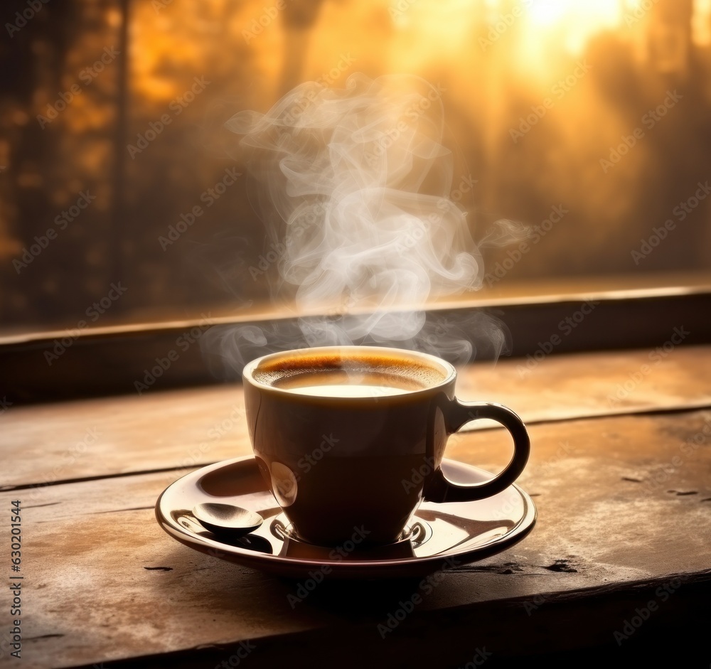 Cup of coffee on wooden table