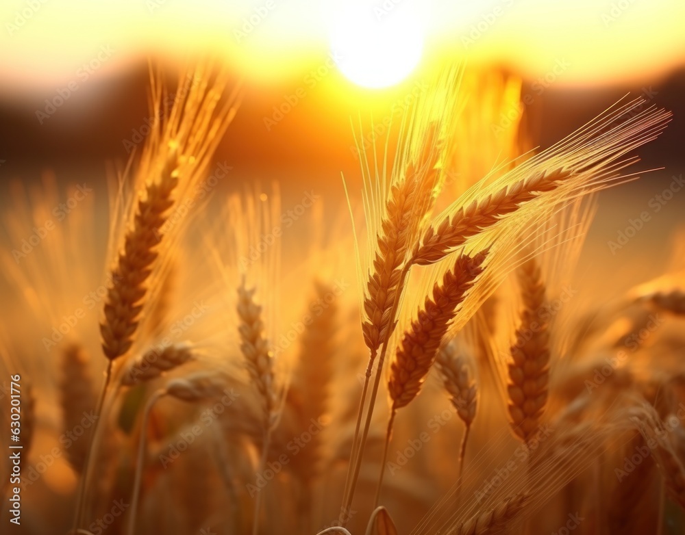 Ripe wheat in a field at sunset