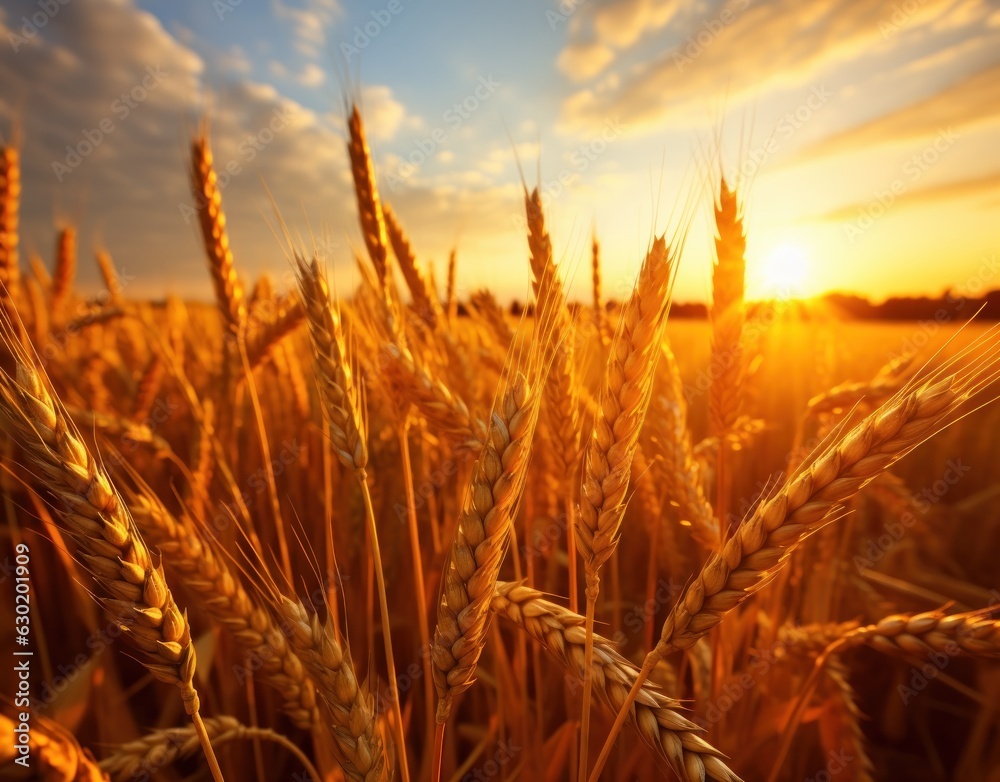 Ripe wheat in a field at sunset