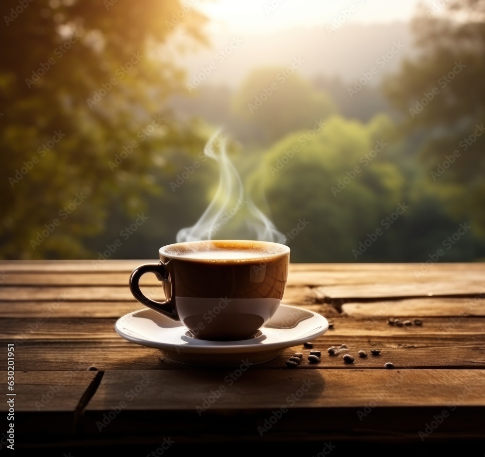 Cup of coffee on wooden table