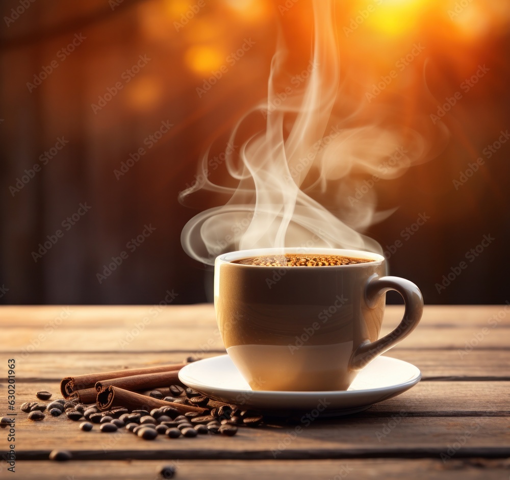 Cup of coffee on wooden table