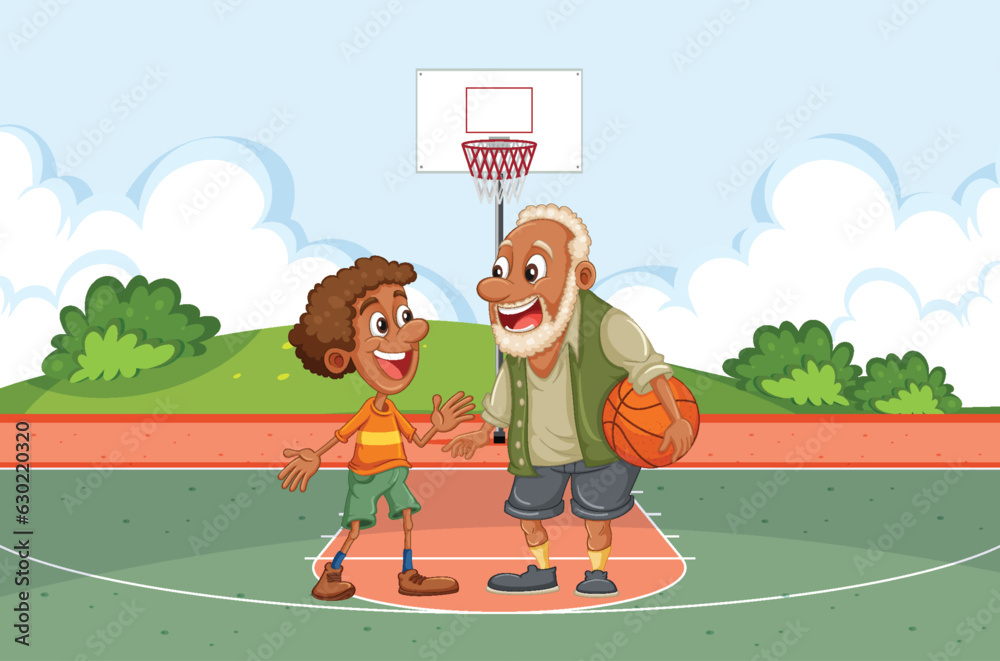 People with different age playing basketball together