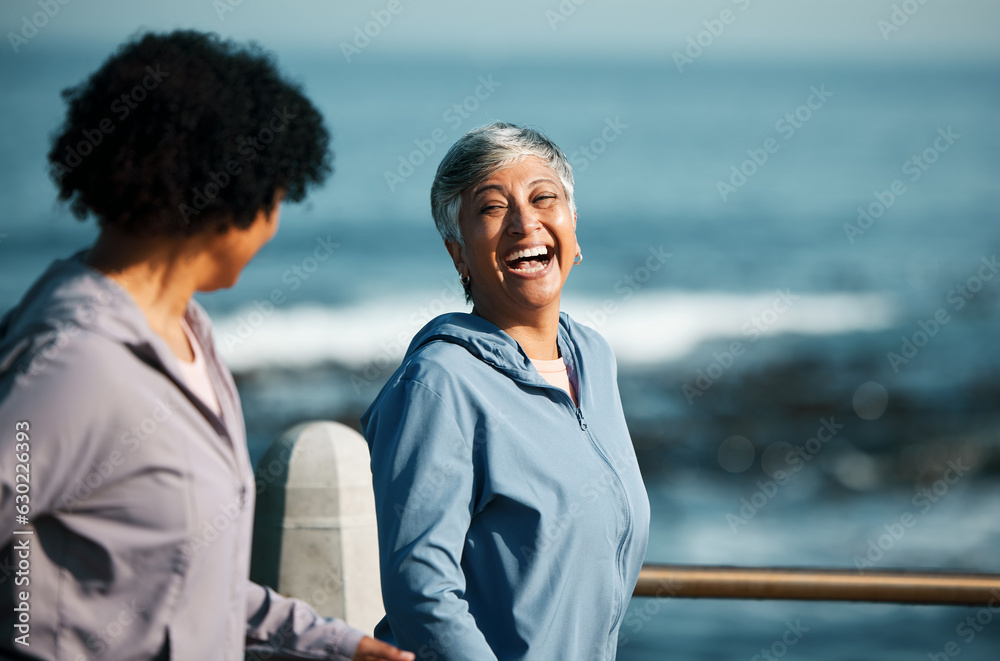 Fitness, happy and senior women by ocean for healthy body, wellness and cardio wellbeing on promenad