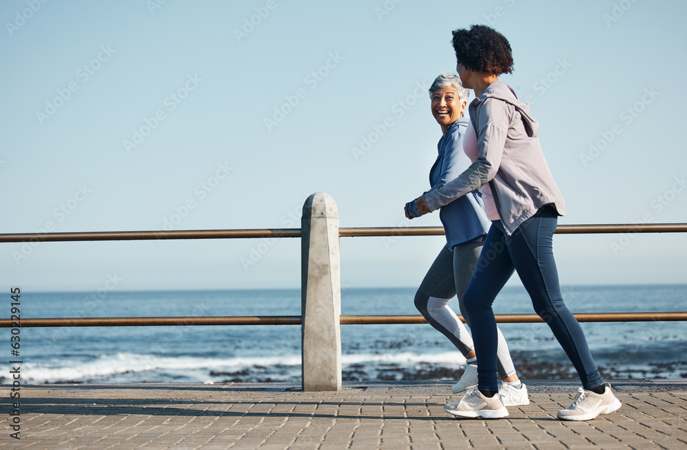 Women, beach and friends running for fitness together as morning exercise for wellness and outdoor b