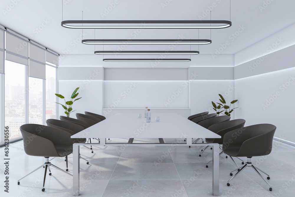 Modern grey meeting room interior with office desk and chairs, panoramic window with city view, conc