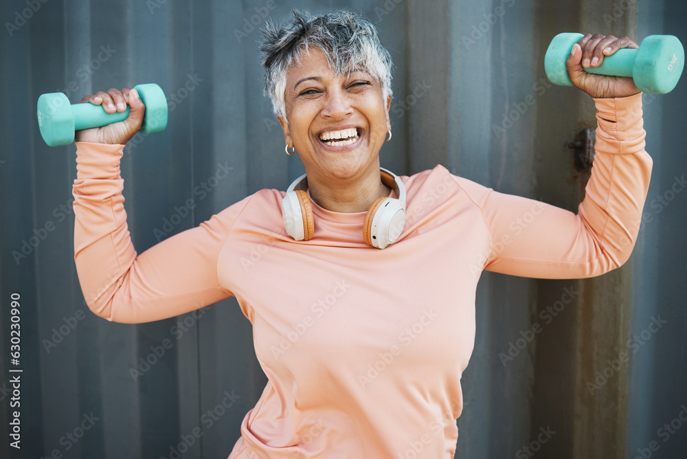 Fitness, health and portrait with old woman and dumbbell for strong, workout and sports, Weightlifti