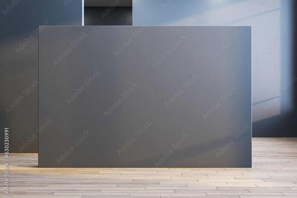 Dark concrete geometric interior with mock up place on walls and wooden flooring. Exhibition, galler