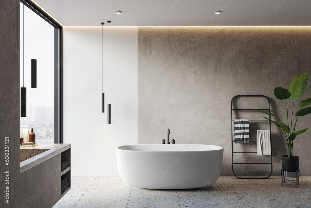 Clean bathroom interior with bathtub, furniture panoramic window with city view. 3D Rendering.