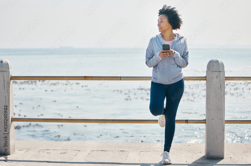 Relax, phone and fitness with black woman at beach for running, workout and tracking app. Network, c