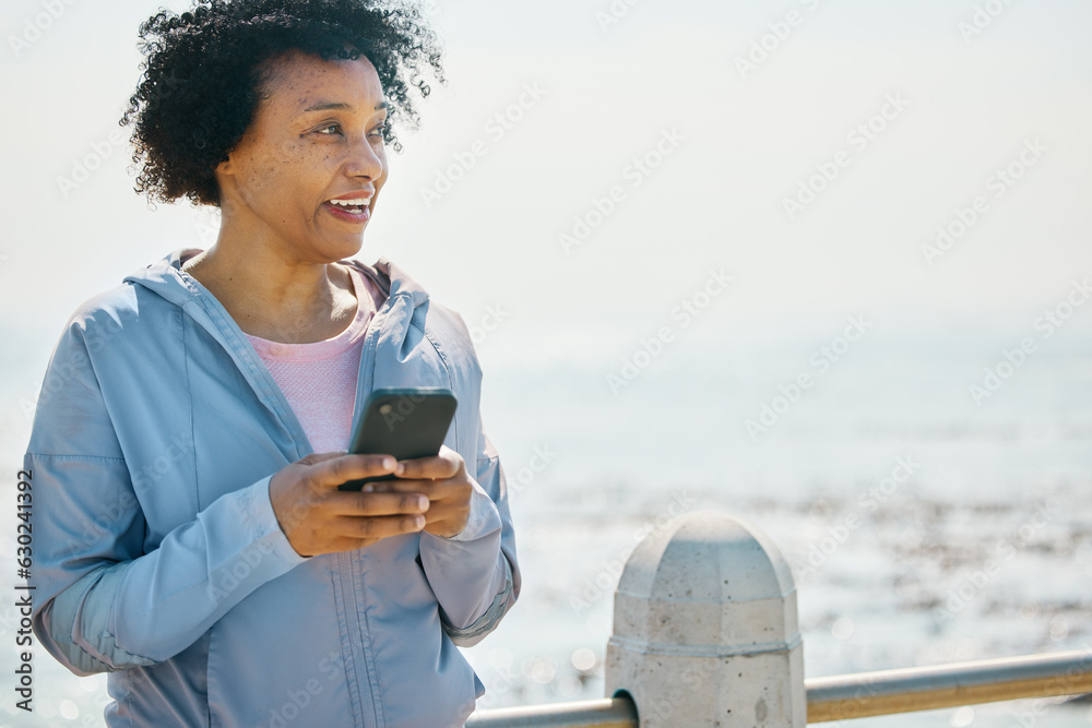 Running, phone and fitness with black woman at beach for relax, workout and social media. Network, c