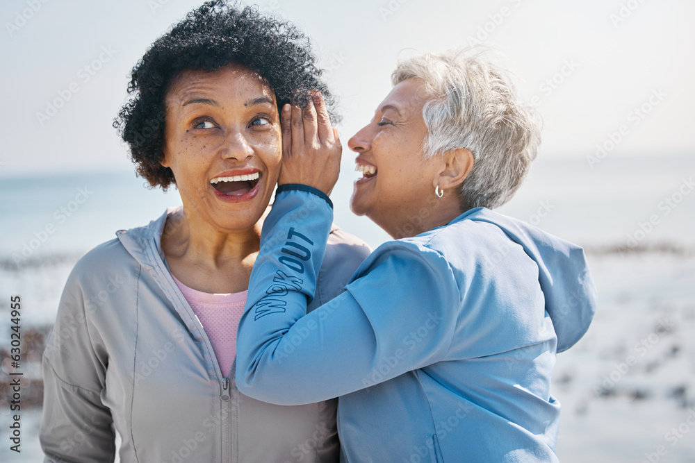 Gossip, beach and senior friends with a secret, whisper or talking in ear for a funny joke after out