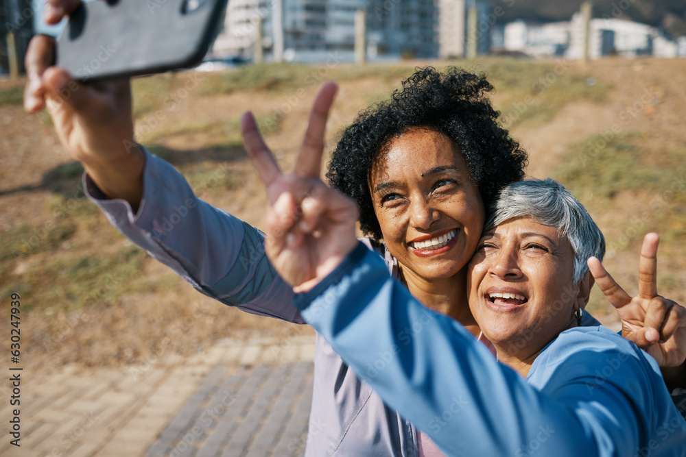 Friends, mature women and outdoor for peace selfie at a park with motivation and travel memory. Prof