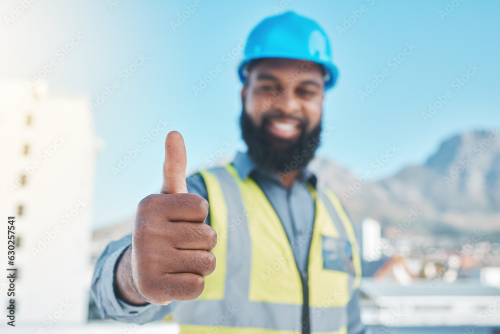 Man, engineering portrait and thumbs up for city development, construction goals and like, yes or su