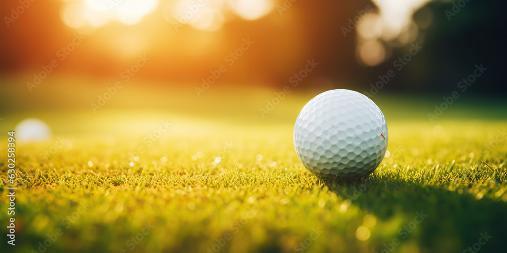 Close-up of golf ball on green grass of golf course, sunny day, blurred backdrop. Generative AI