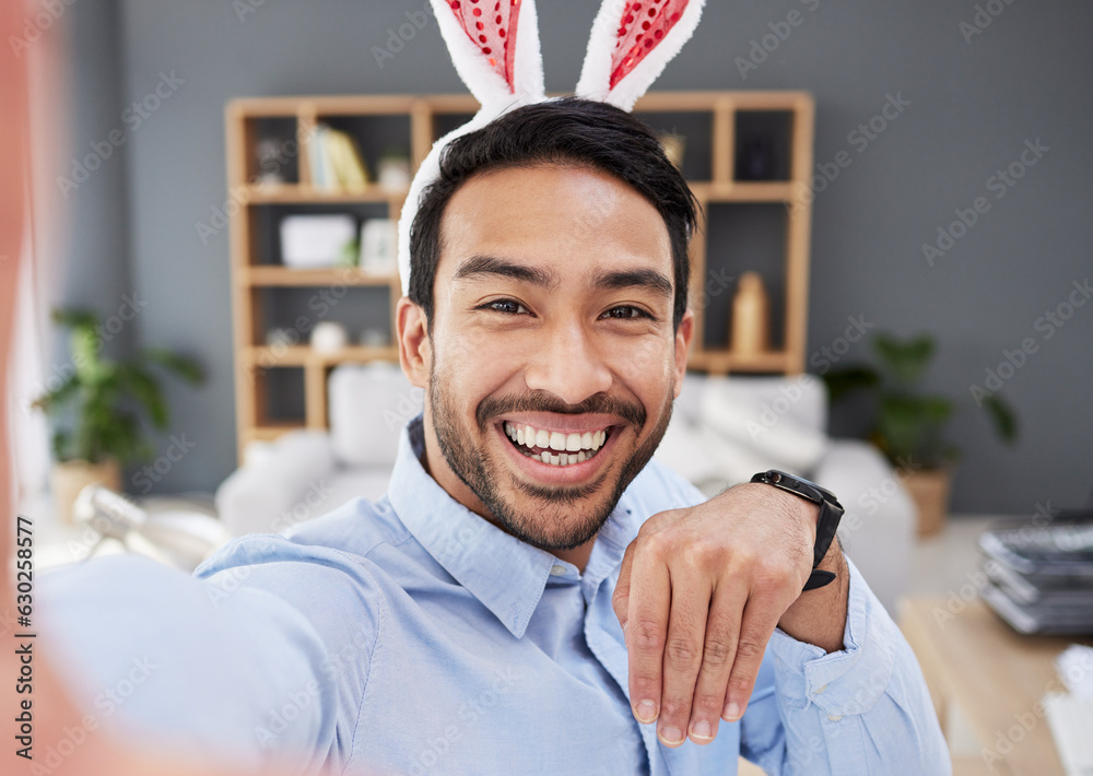 Bunny ears, holiday and remote work selfie with a man and social media with creative job. Celebratio