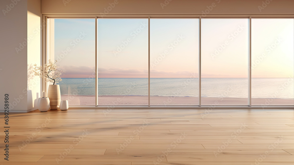 Empty apartment room with wooden floor of beach house. Sea view from windows. Copy space. Generative