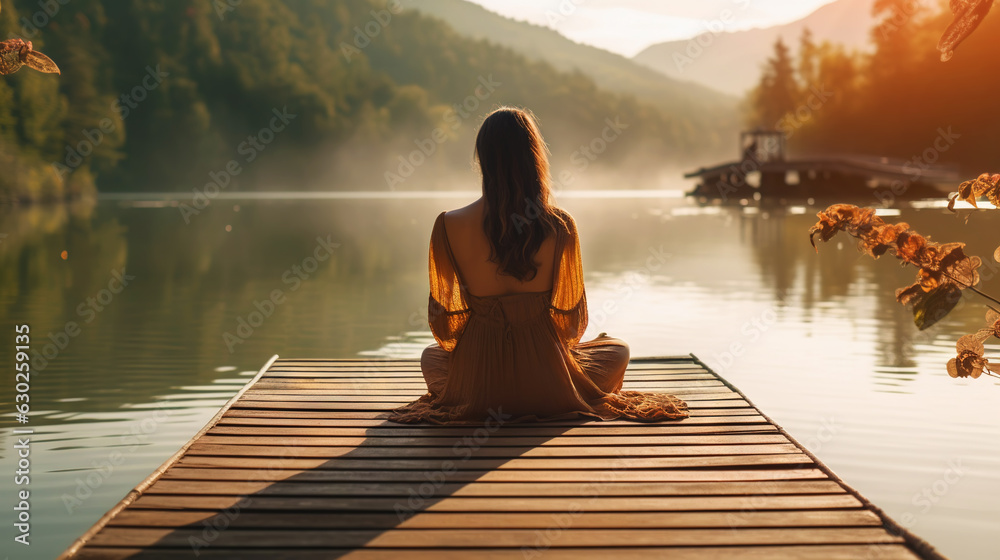 Young girl practice yoga on wooden pier with a view on lake and beautiful landscape. Generative AI