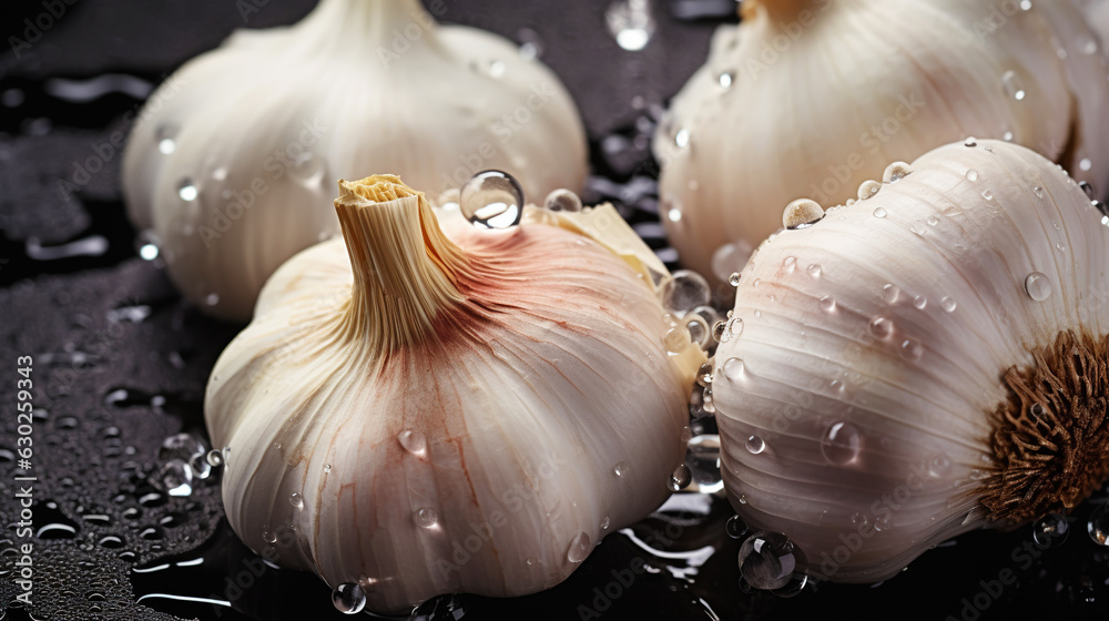 Fresh garlic with water drops background. Vegetables backdrop. Generative AI