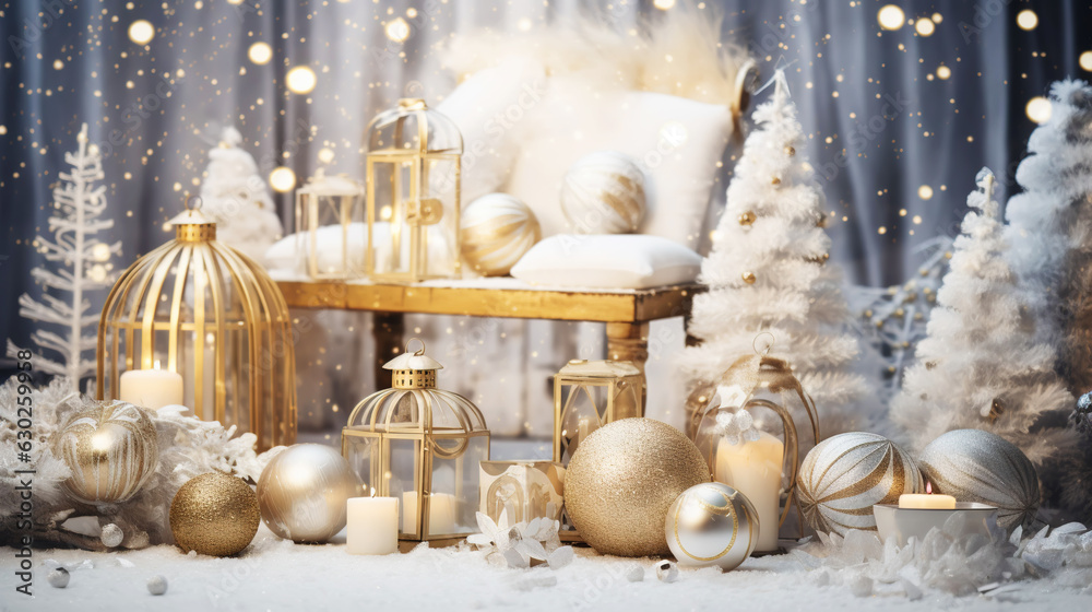 Modern shiny creative Christmas backdrop. Golden festive New Year background. Generative AI