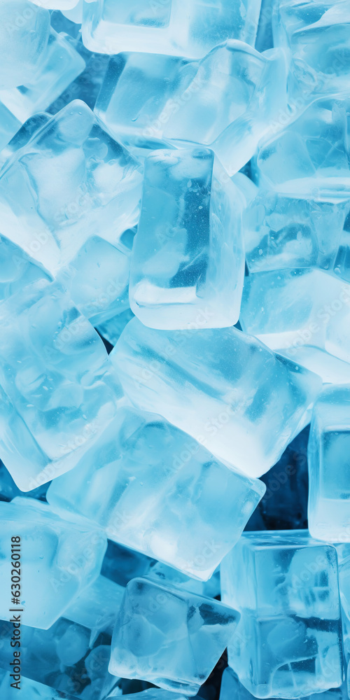 Ice cubes bluish background. Frozen water. Cold fresh concept. Generative AI