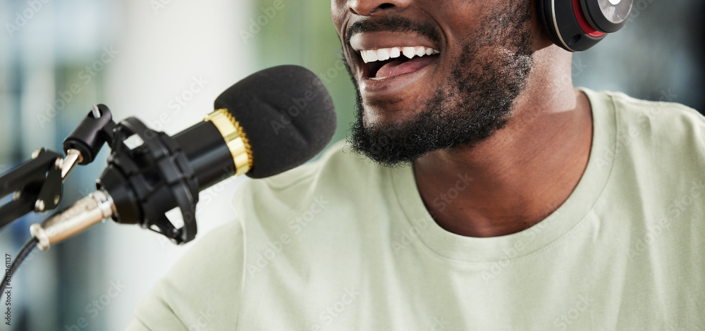 Microphone, headphones and man streaming live, closeup and media broadcast with web radio host. Happ