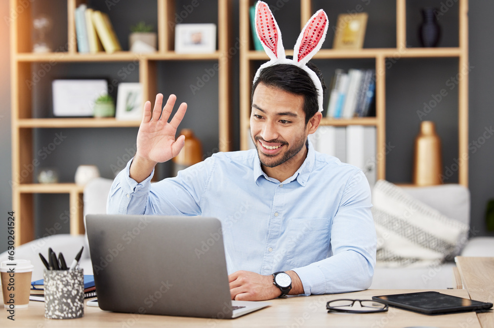 Easter bunny, ears and man on online meeting at home with computer screen and greeting. Remote work,