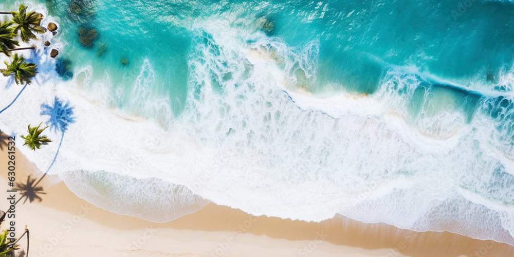 Aerial top view on sand ocean beach with palm trees. Summer vacation paradise concept. Generative AI