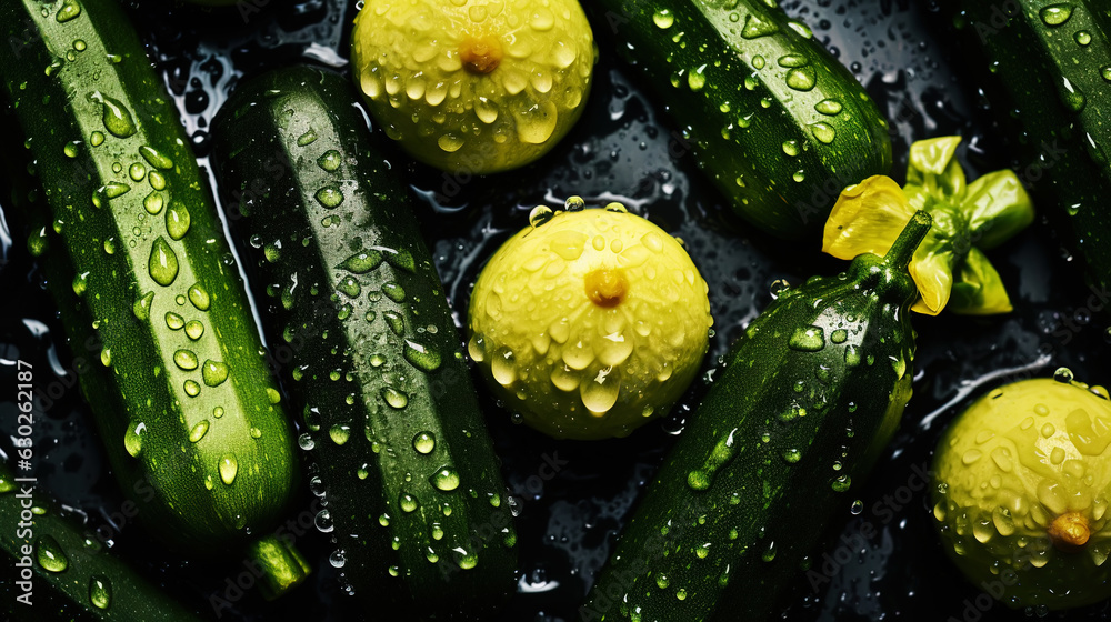 Freshgreen zucchini or courgettes with water drops background. Vegetables backdrop. Generative AI