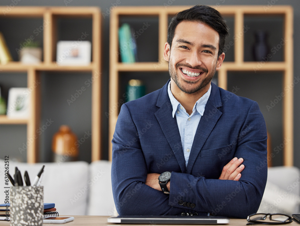 Portrait, business or Asian man with arms crossed, smile or tablet with career, modern office or hap