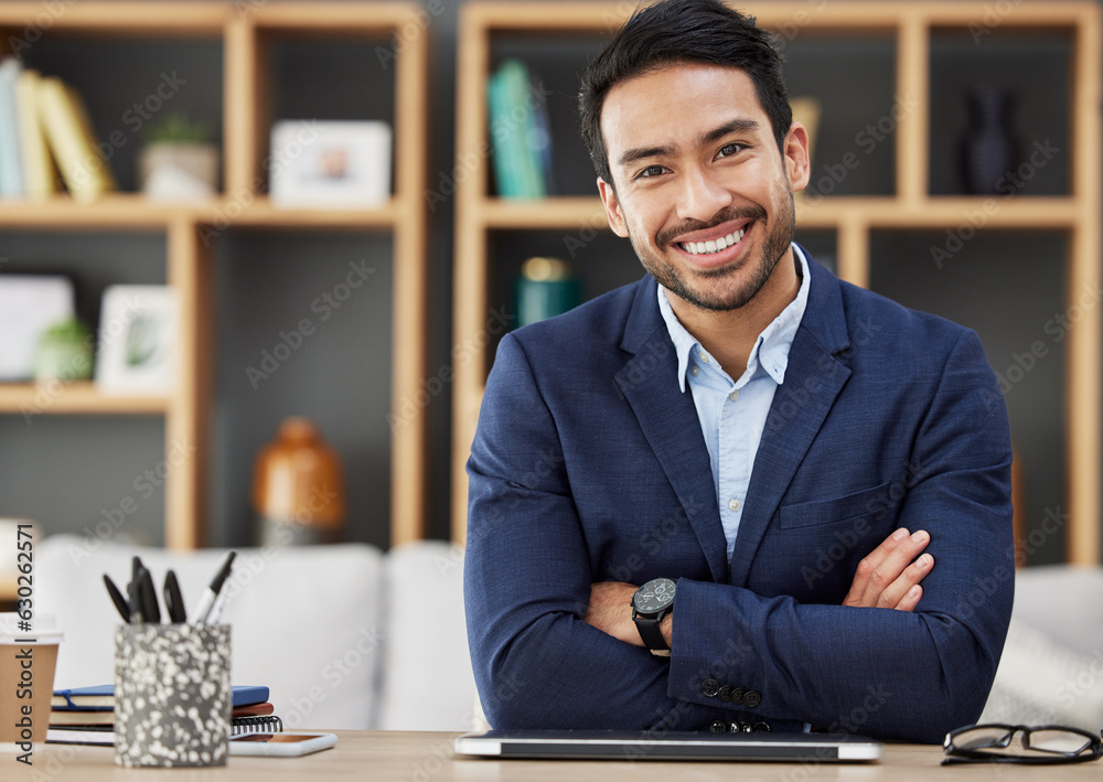 Portrait, business and Asian man with arms crossed, happy and tablet with career, financial adviser 