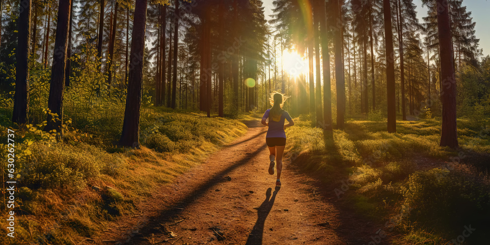 Woman running in park with green trees on beautiful summer day. Sport fitness concept. Generative AI