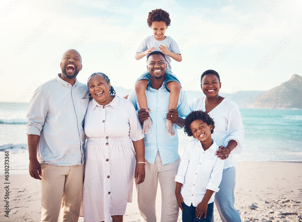 Travel, smile and portrait of black family at beach for happy, summer break and bonding on vacation.