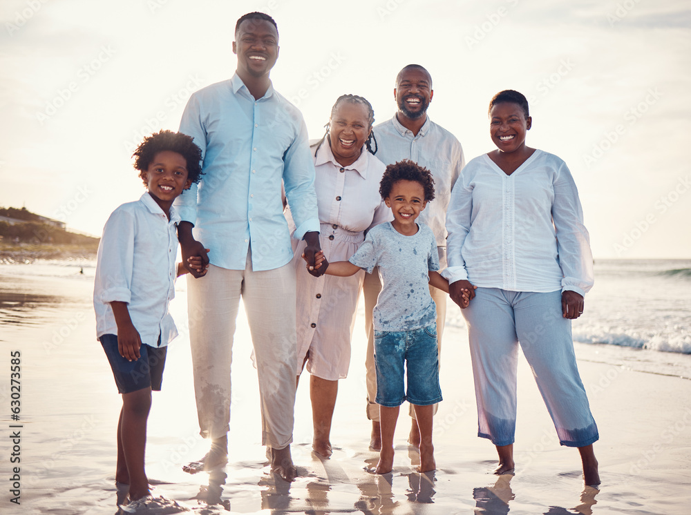 Sunset, smile and portrait of black family at beach for travel, summer break and bonding on vacation