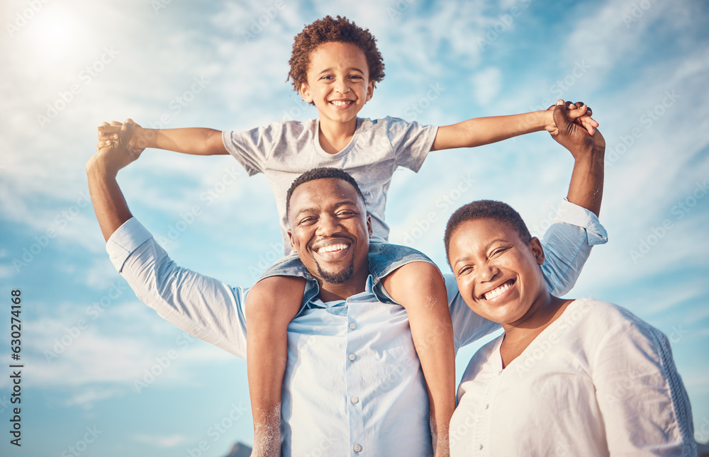 Portrait, black family and happy parents playing with kid or child outdoors on vacation or holiday a