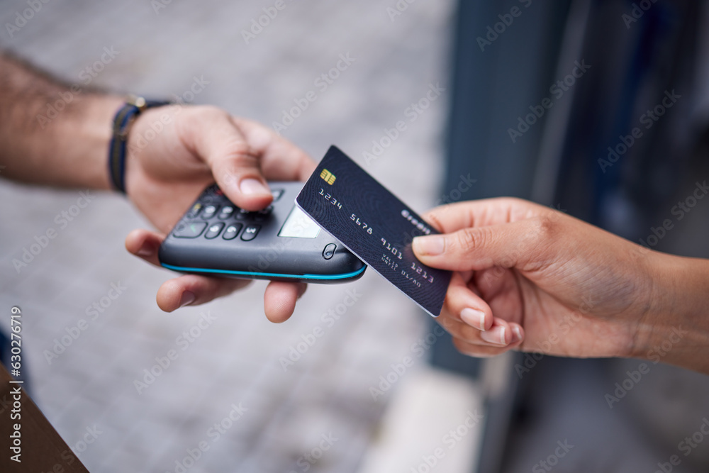 People, hands and credit card with pos in payment for electronic purchase, delivery or scanning by d