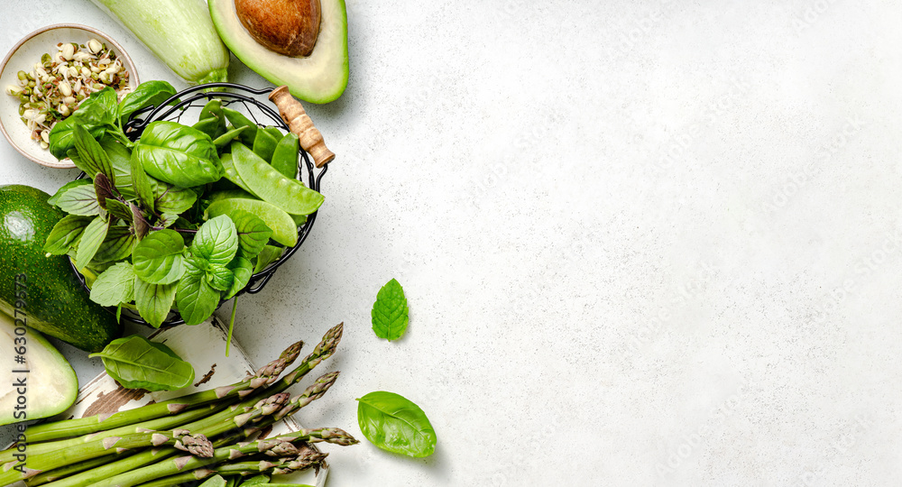 Vegetarian healthy green food on white background. Products for vegans and vegetarians with protein.