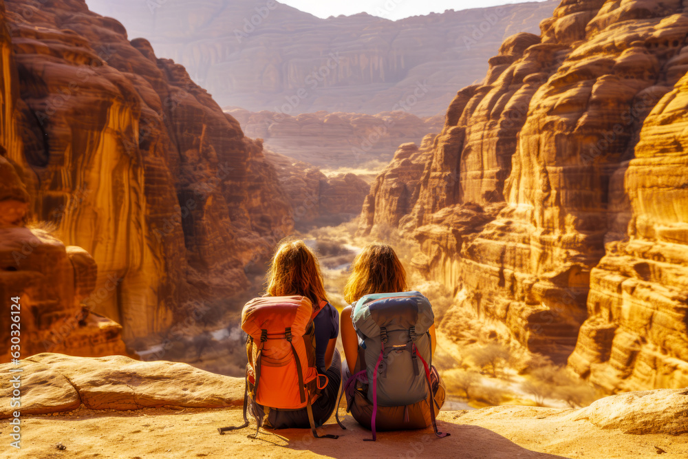 Two women sitting on cliff overlooking valley in the middle of the desert.