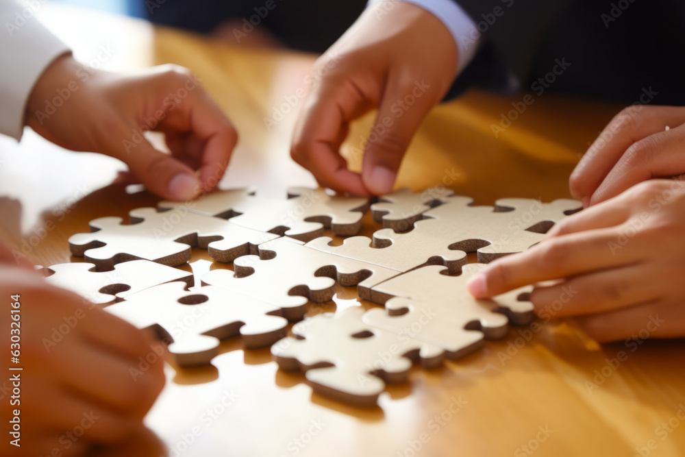 Group of people putting together jigsaw on wooden table.