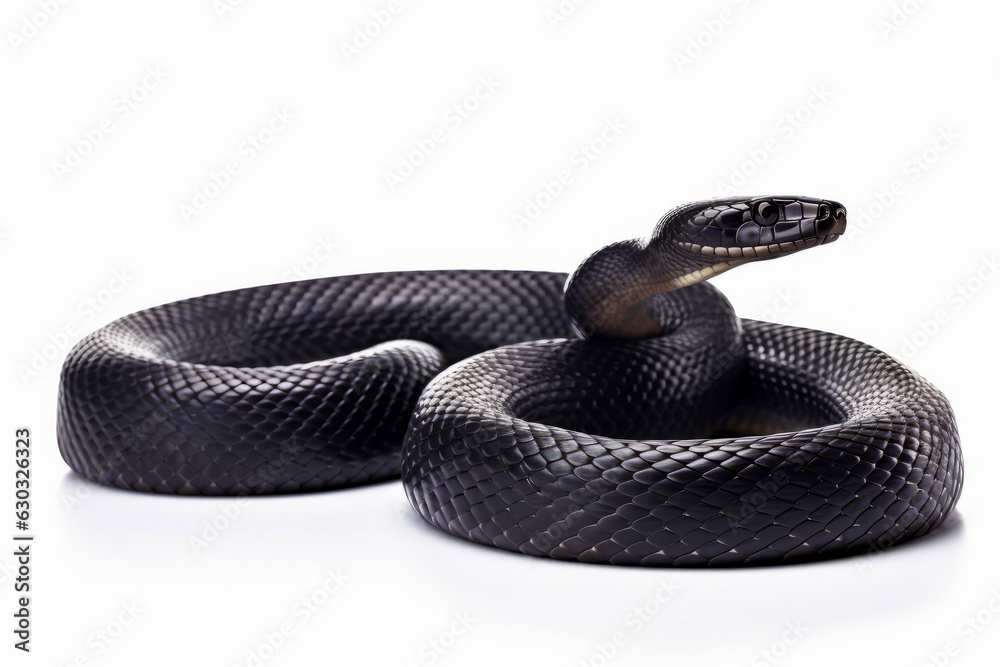 Black snake with its mouth open and its tongue out, on white background.