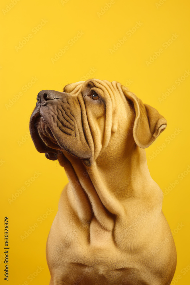 Close up of dogs face with bright yellow background.