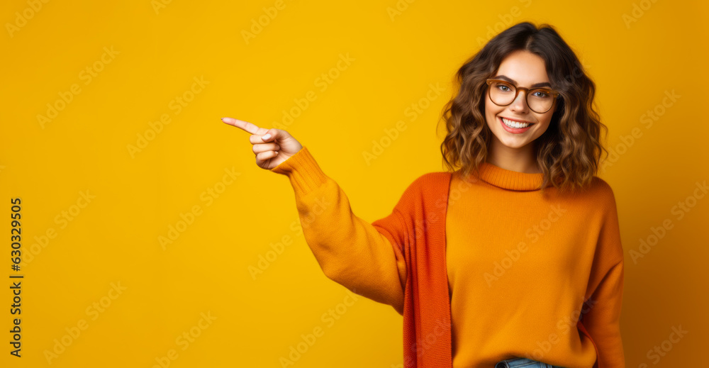 Woman wearing glasses and sweater pointing to the side with her finger.