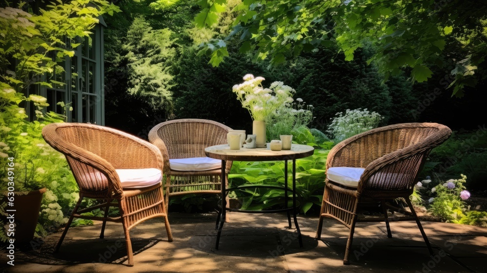 Wicker chairs and a metal table in an outdoor summer garden.