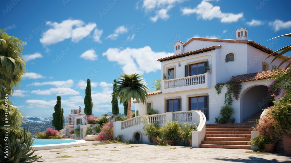 Beautiful contemporary white house and blue sky.