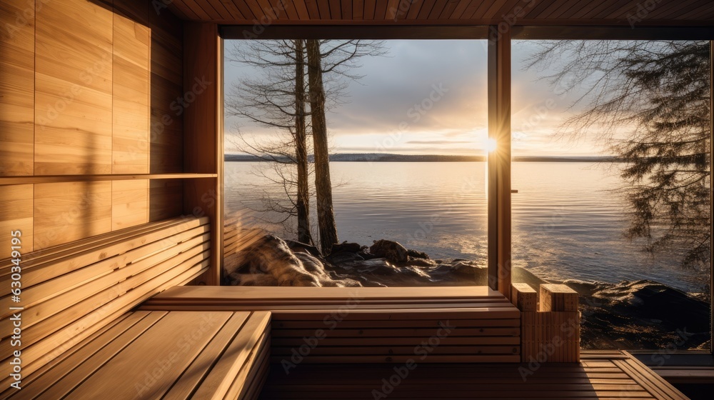 Front view of empty Finnish sauna room. Modern interior of wooden spa cabin with dry steam.