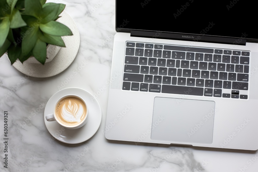 Top view of an cell phone, computer and mug with coffee