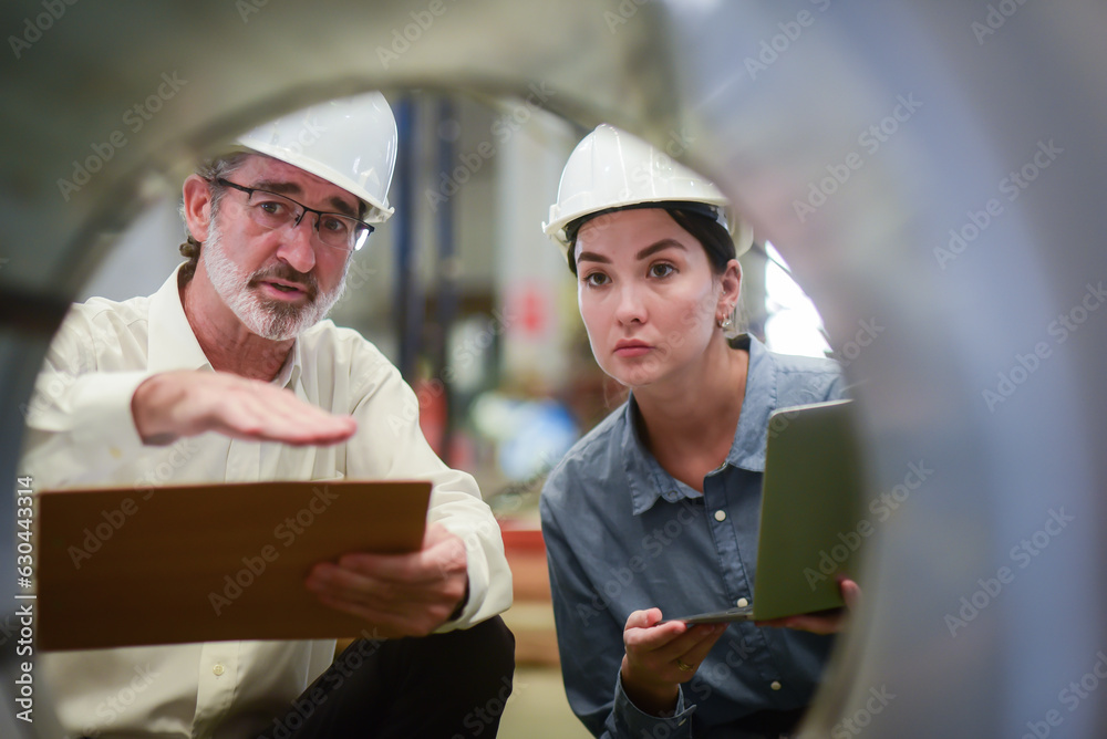 Young Beautiful engineer holding a laptop discussing with a senior male manager engineer wearing a w