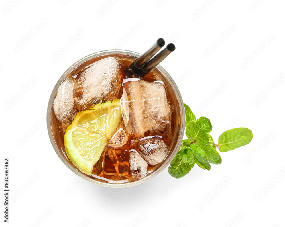 Glass of tasty Cuba Libre cocktail isolated on white background