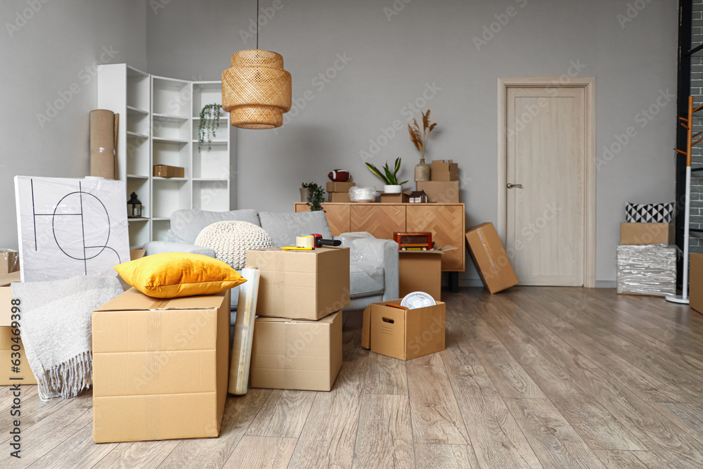 Cardboard boxes with things and sofa in living room on moving day