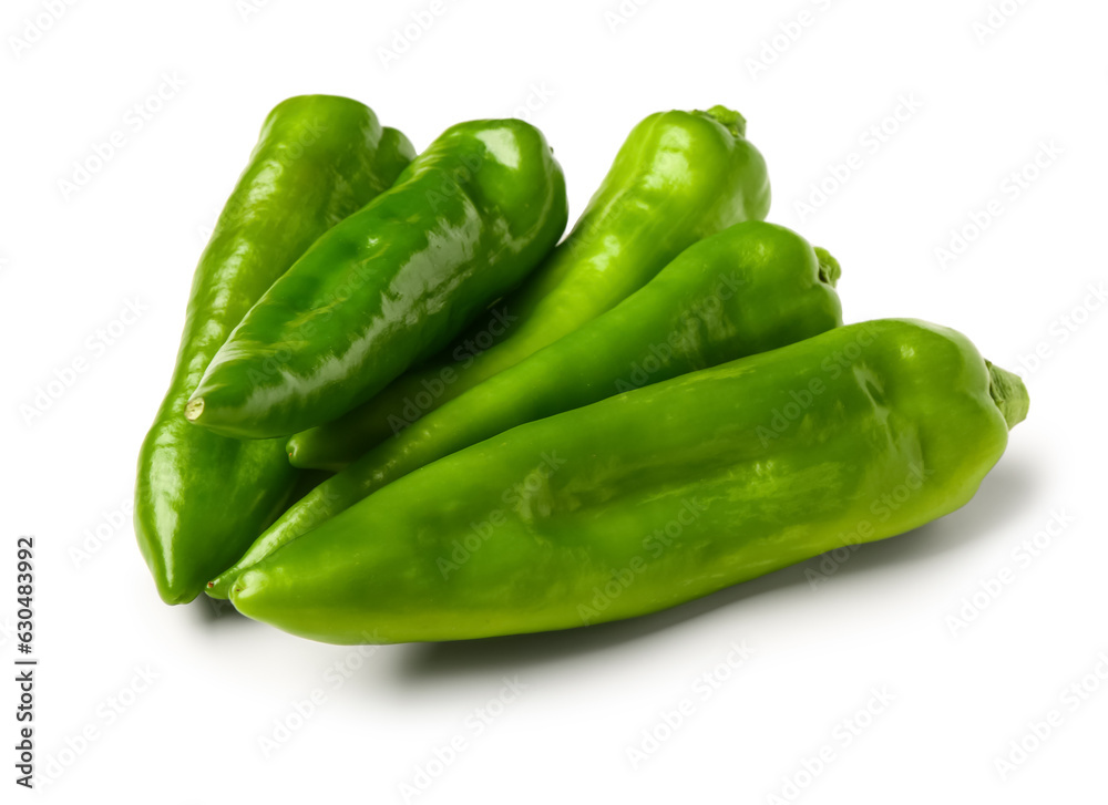 Green chili peppers on white background